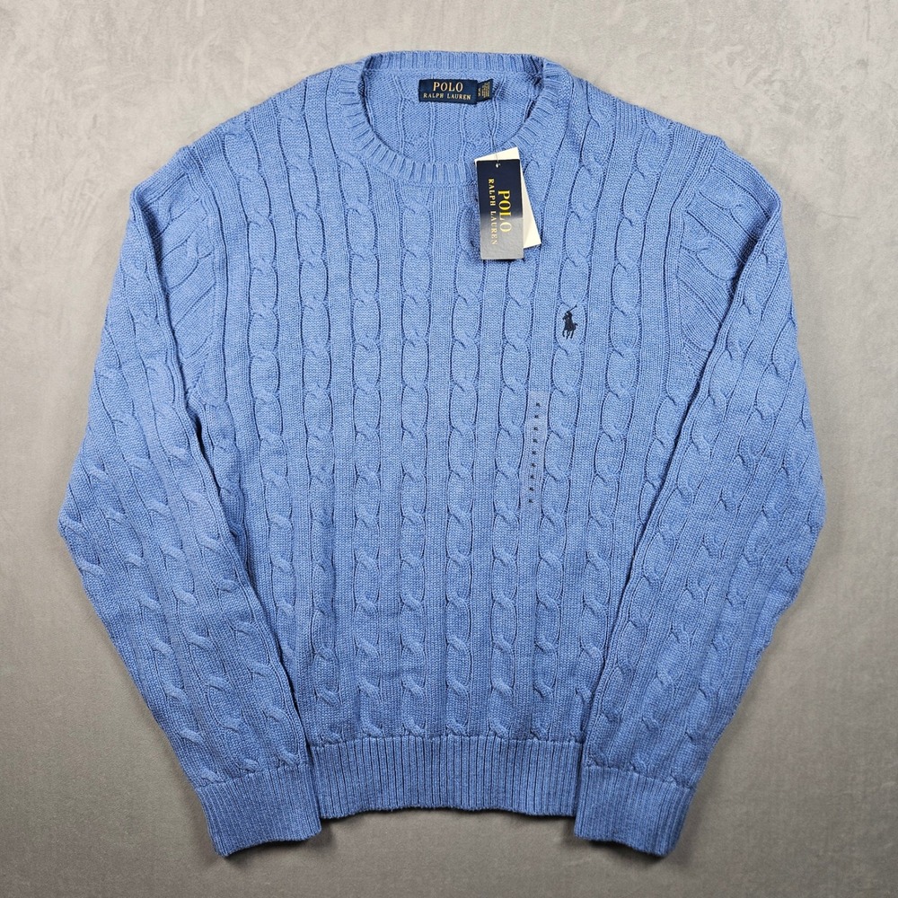 NEW Polo Ralph Lauren Sweater Mens XL Blue Cable Knit Cotton Crew Neck MSRP $110